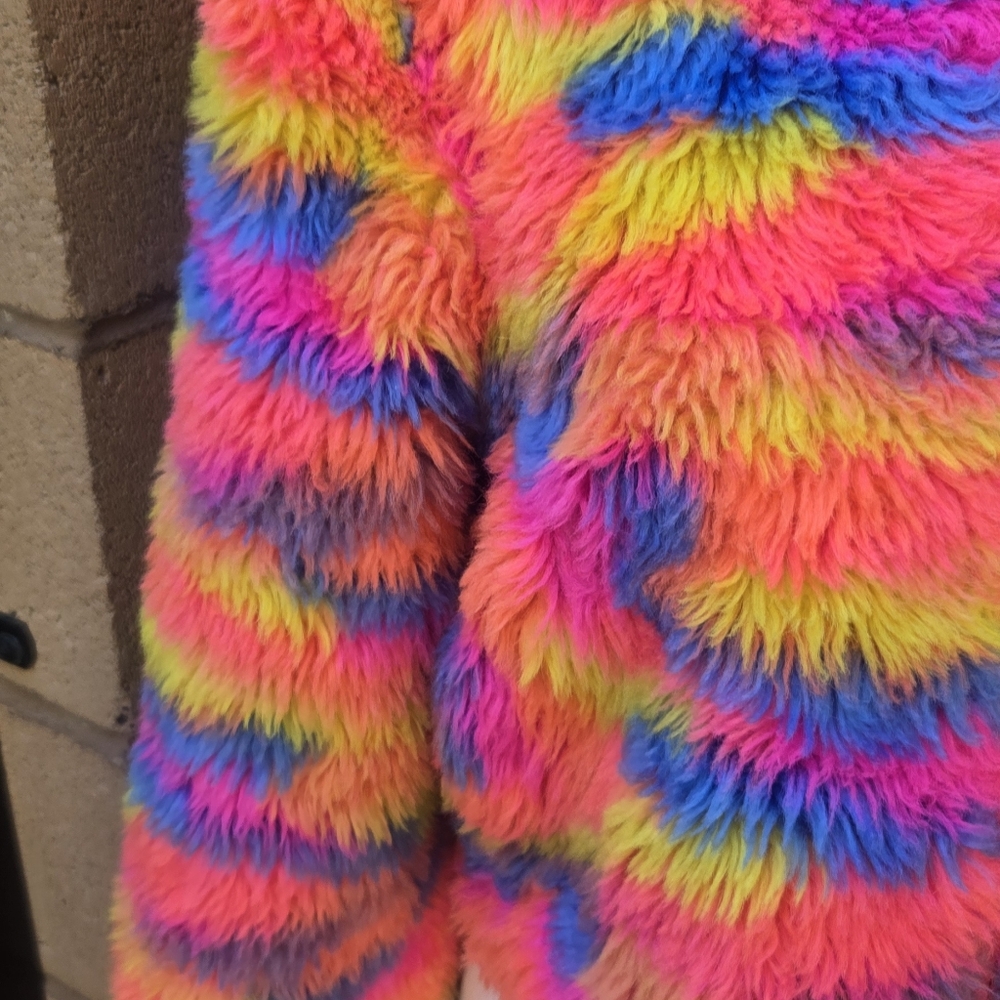 Hot & Delicious Vibrant Multicolor Faux Fur Zip Jacket - Neon Rainbow - Picture 3 of 9
